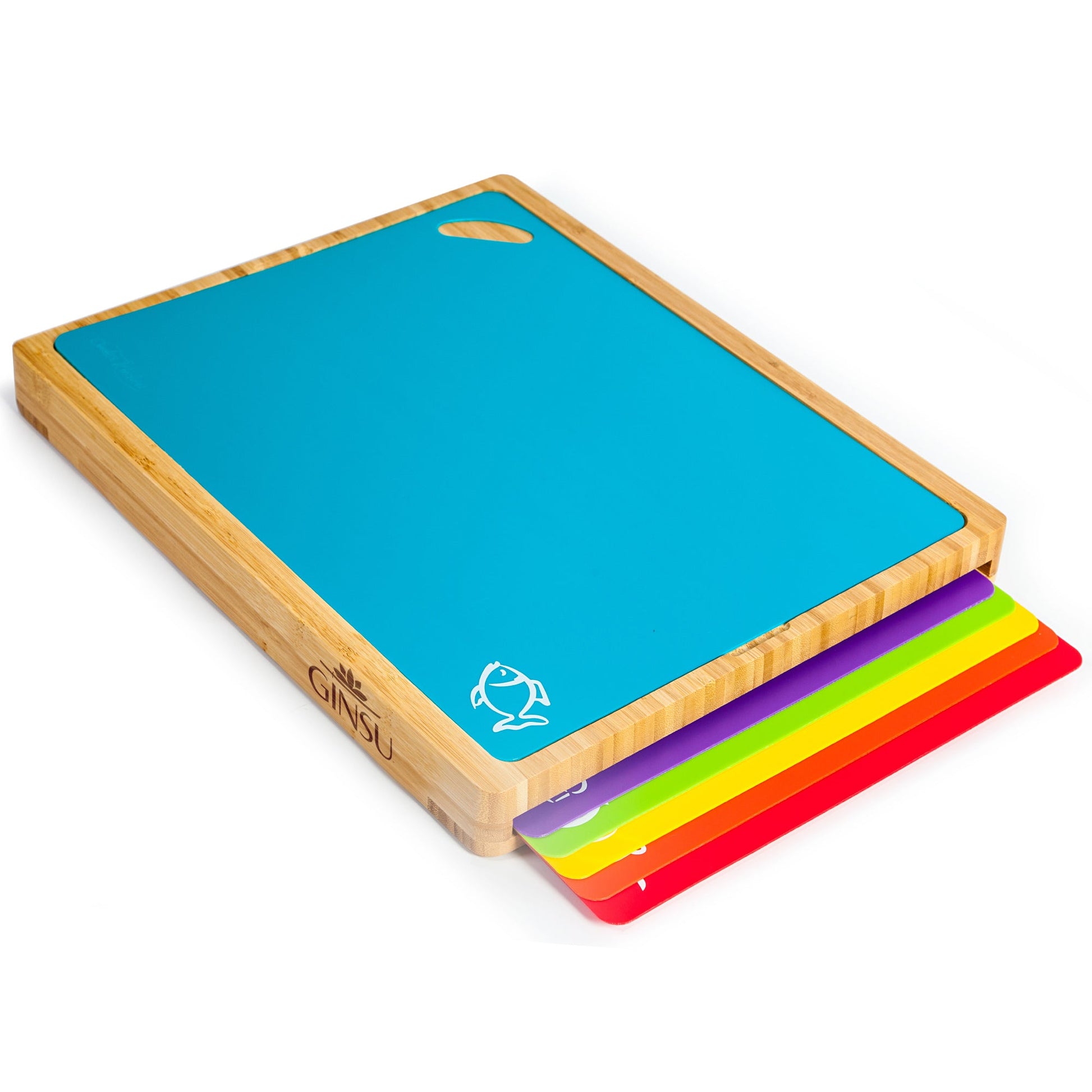 Ginsu Bamboo Wood Cutting Board Set with 6 Color - Coded Mats and Food Icons for Easy Meal Prep and Cleanup - Boske.store