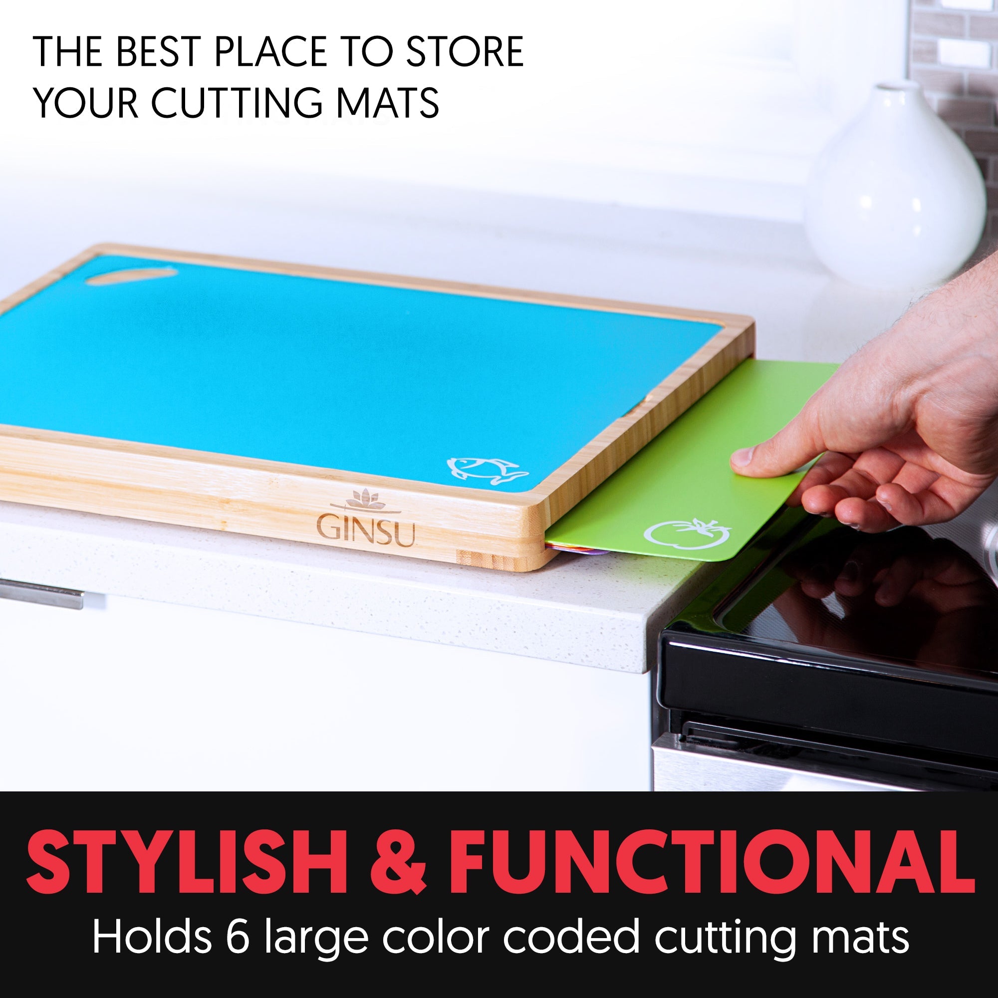 Ginsu Bamboo Wood Cutting Board Set with 6 Color - Coded Mats and Food Icons for Easy Meal Prep and Cleanup - Boske.store