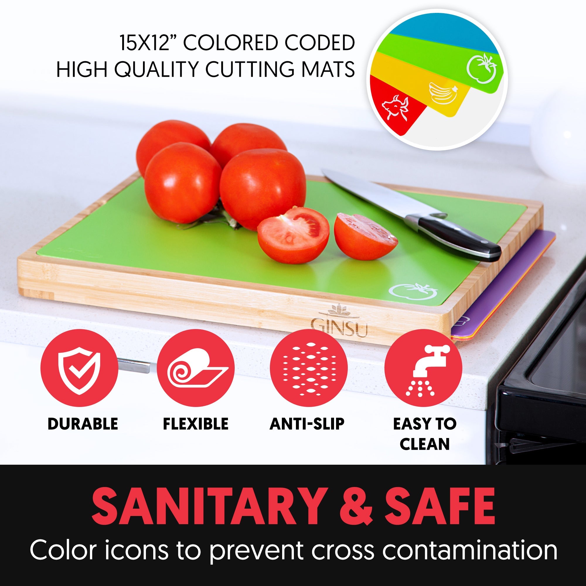 Ginsu Bamboo Wood Cutting Board Set with 6 Color - Coded Mats and Food Icons for Easy Meal Prep and Cleanup - Boske.store