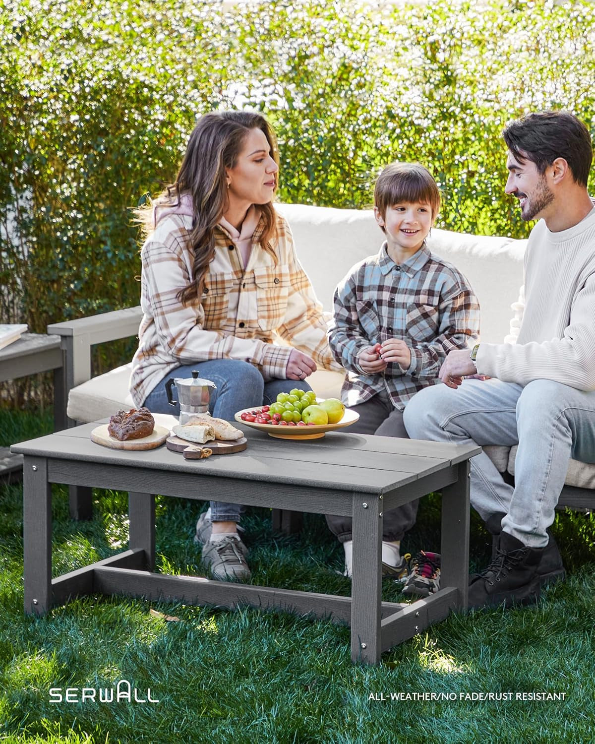 HDPE Outdoor Patio Set 7 Piece Grey Frame Khaki Cushions