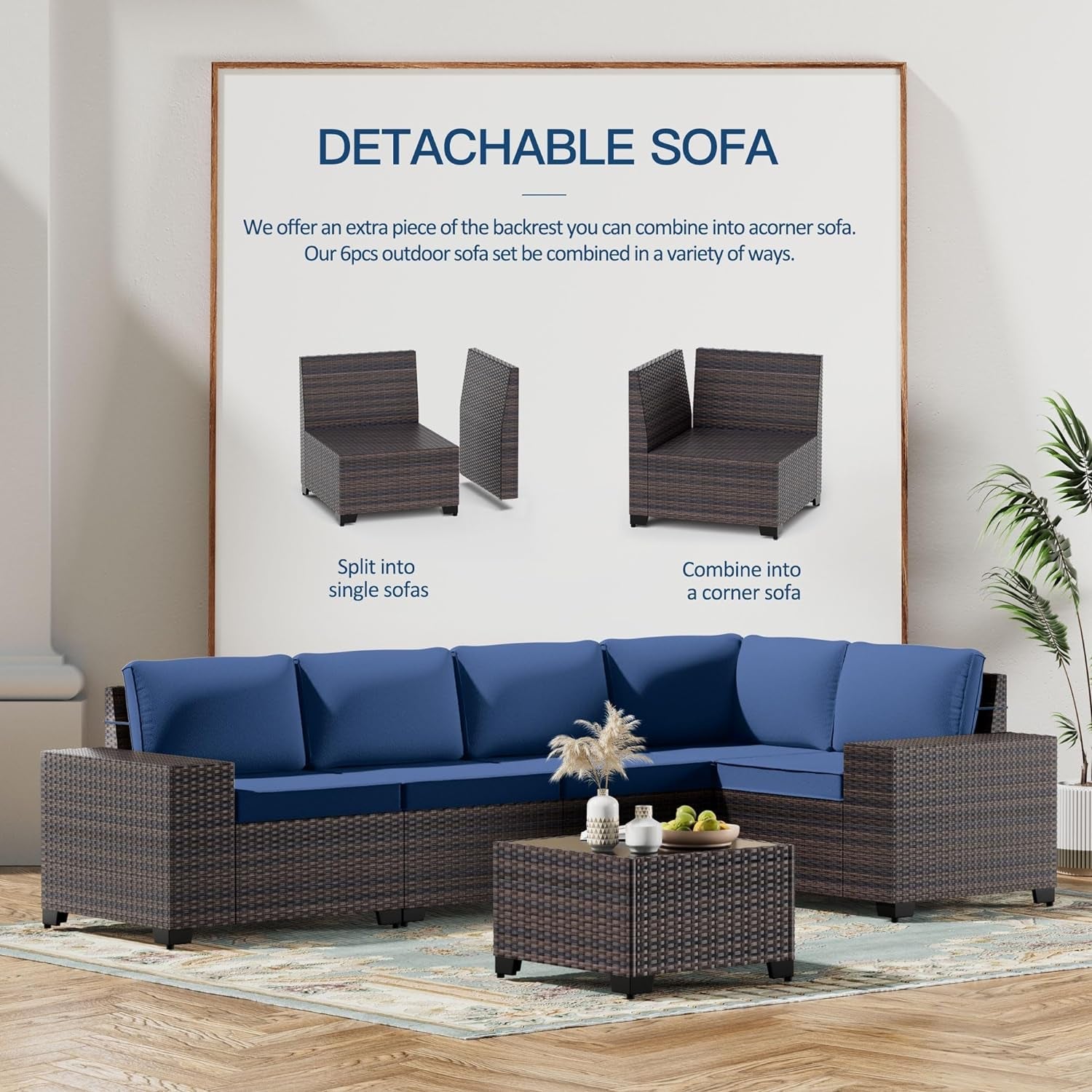 Navy Blue 6 Piece Outdoor Patio Sectional Sofa Set With PE Rattan