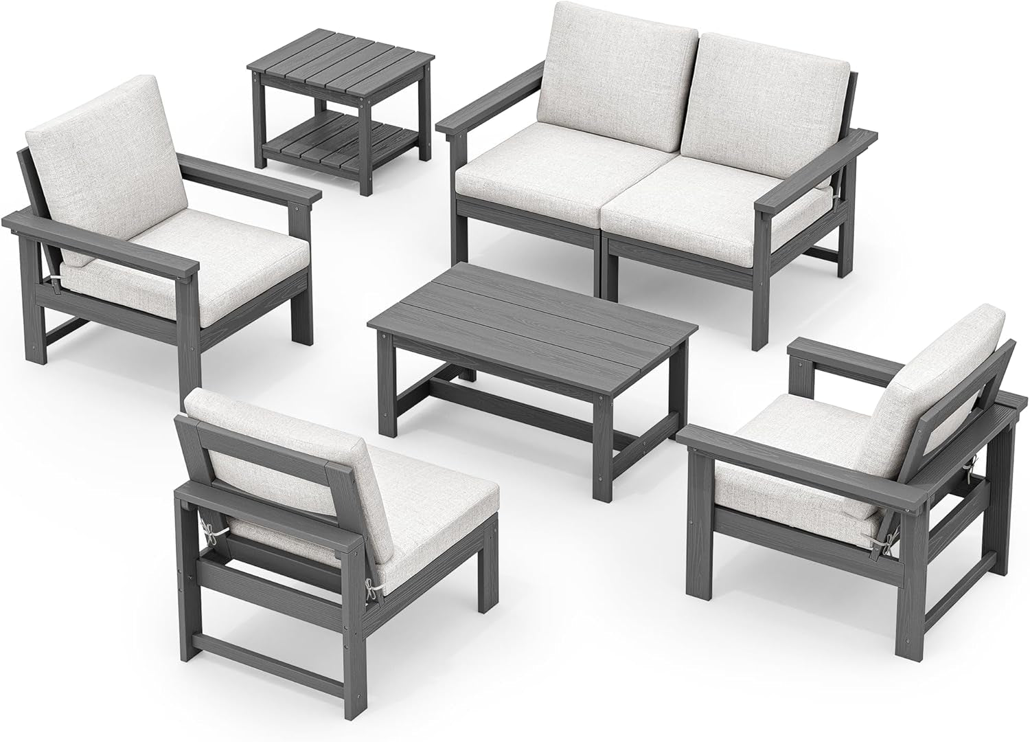 HDPE Outdoor Patio Set 7 Piece Grey Frame Khaki Cushions