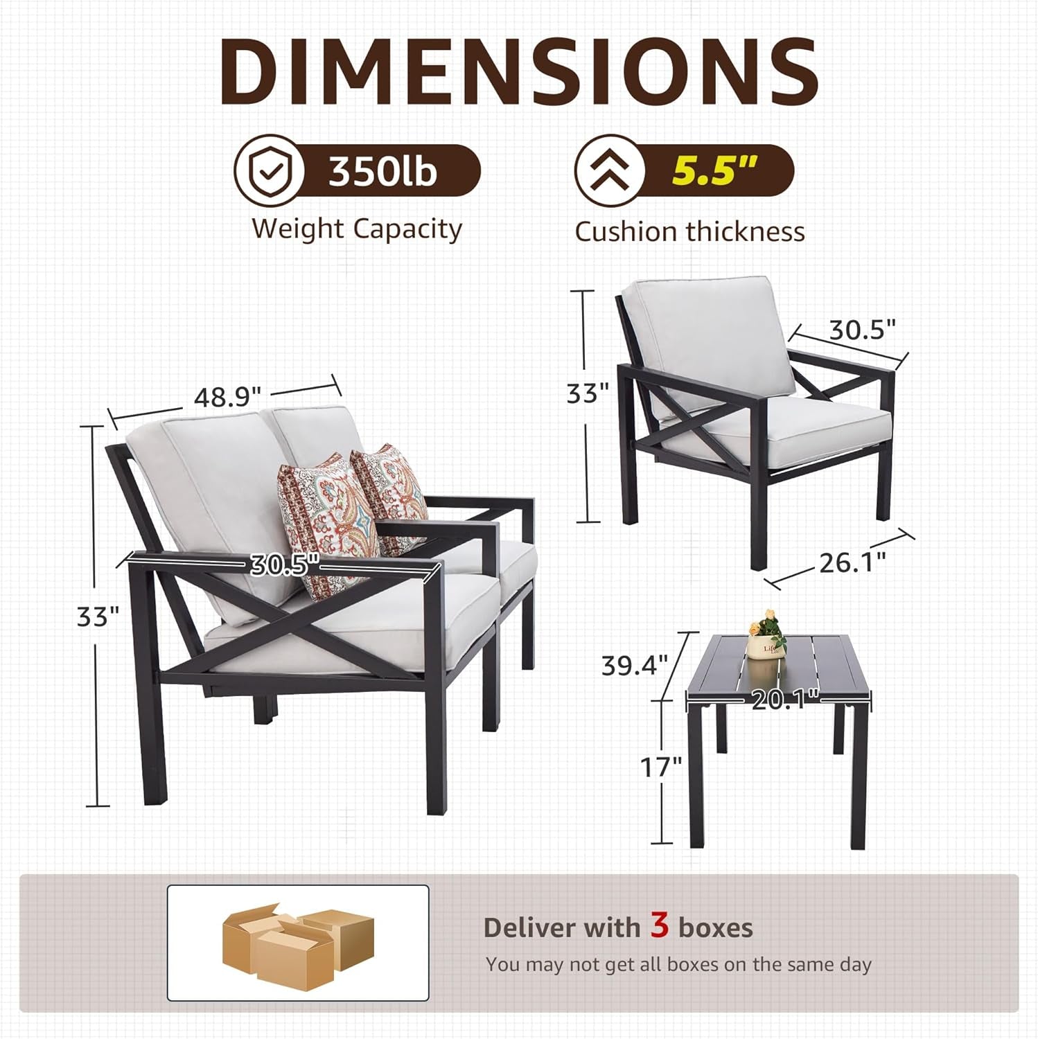 4 Piece Outdoor Metal Patio Set With 5.5 Inch Cushions And Coffee