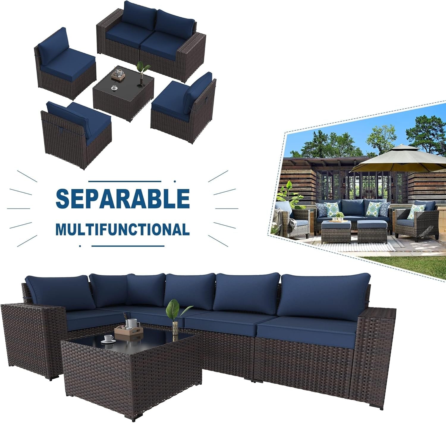 Navy Blue 6 Piece Outdoor Patio Sectional Sofa Set With PE Rattan
