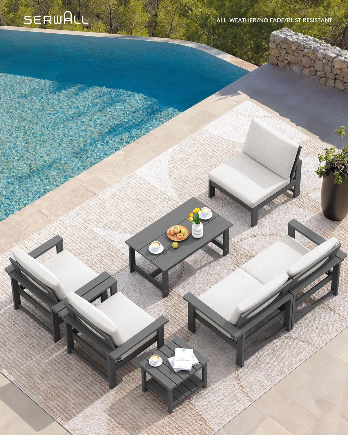 HDPE Outdoor Patio Set 7 Piece Grey Frame Khaki Cushions