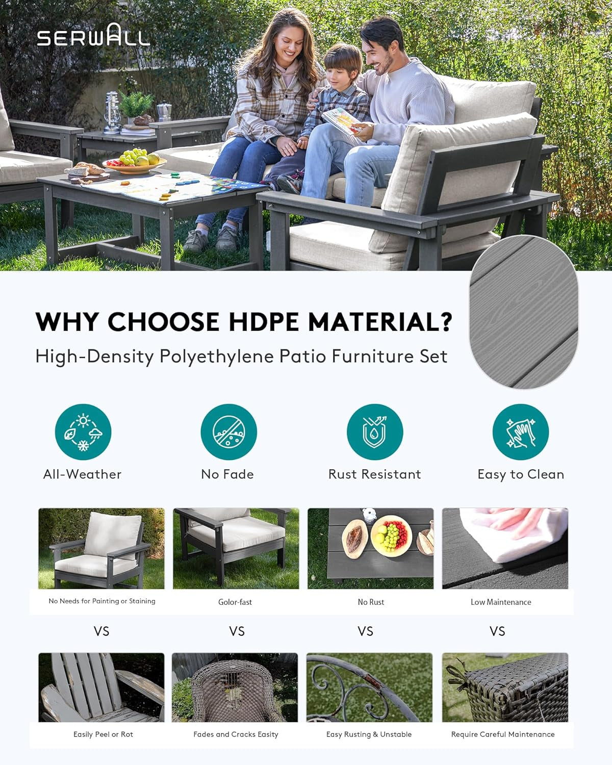 HDPE Outdoor Patio Set 7 Piece Grey Frame Khaki Cushions