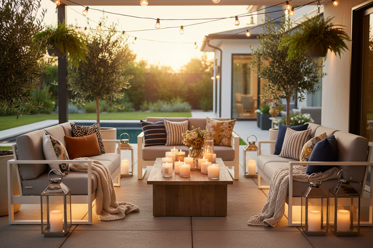 image showing assorted outdoor accesories such as candles, lights, pillows, blankets on a us style patio