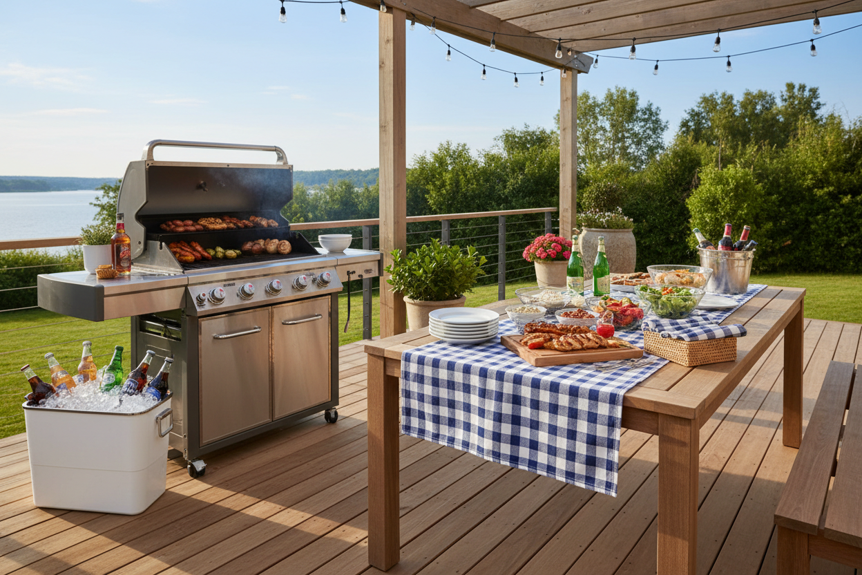 Outdoor ítems like cooler, picnic ítems on a deck along a gas BBQ 
